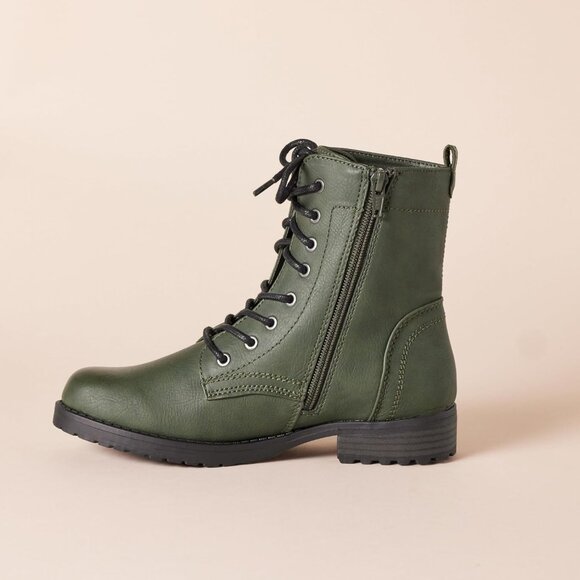 ⚡Women Green Faux Buffalo Grain Leather Metal Eyelet Lug-sole Combat Boot - Picture 4 of 6